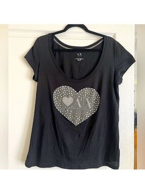 Armani Exchange Black Short Sleeve Tee with Studded Heart